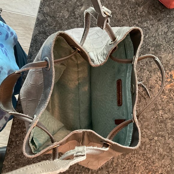 The Sak gray leather handbag with unusual draw string handles and shoulder strap - Picture 8 of 9